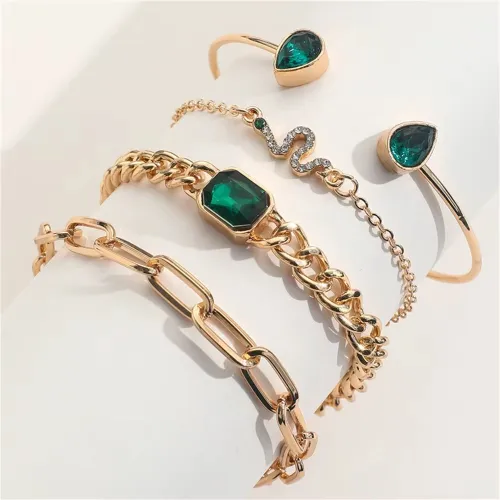 Fashion Green Crystal Snake Decor Bracelet Set (4 pcs)